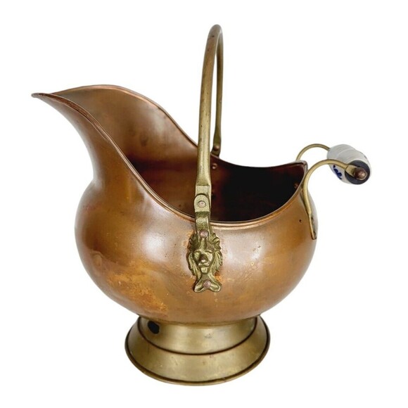 Antique Copper Brass Lion Head Hot Ash Scuttle Bucket Delft Porcelain Handle - Picture 5 of 13